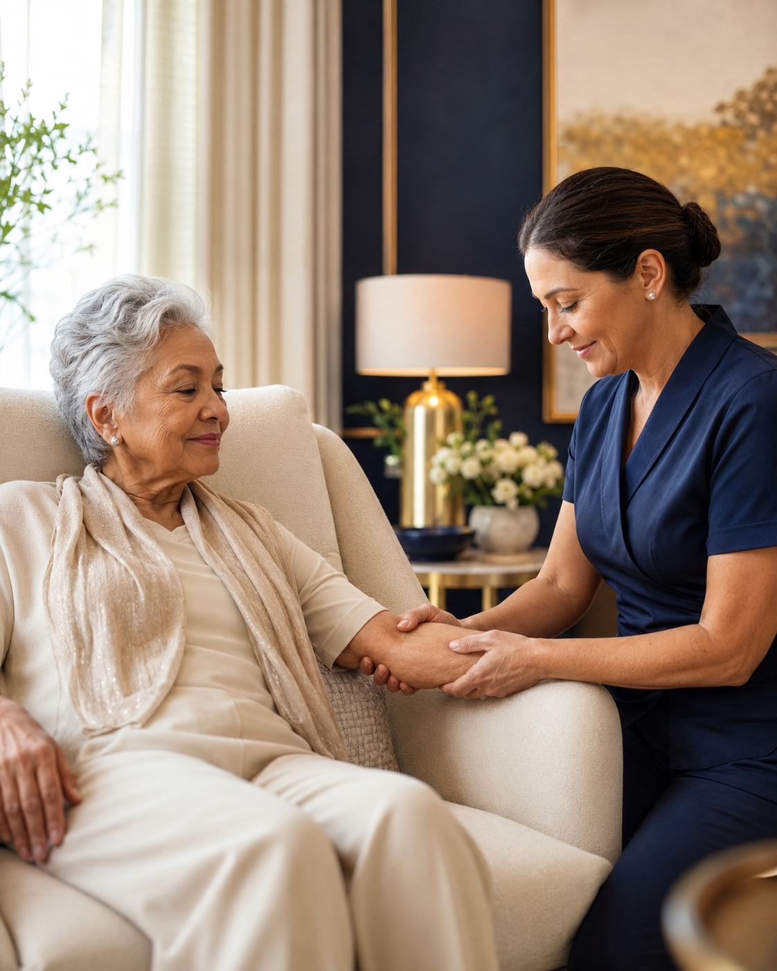 Assisted care resident receiving gentle wellness support