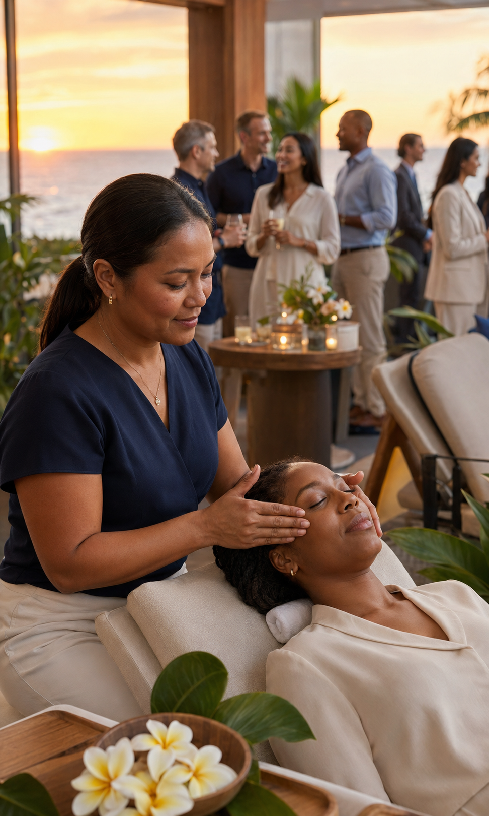 Multicultural professionals enjoying an on-site corporate wellness event